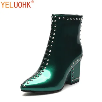 

Rivet Ankle Boots For Women Patent Leather Women Winter Boots Plush High Quality High Boots Women