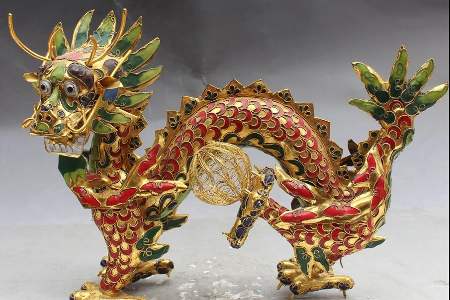 

8" Chinese Fengshui Bronze Gilt Zodiac Year Animal Dragon Play Bead Ball Statue S0708