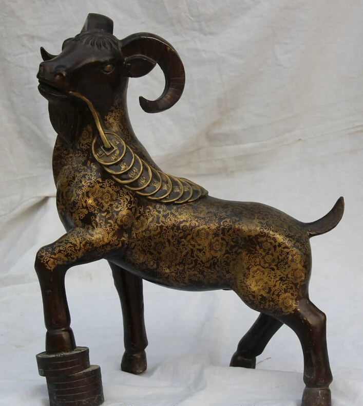 

Collectible bronze S1914 19" Chinese Bronze Folk Wealth Money Zodiac Year Sheep Goat Statue sculpture B0403