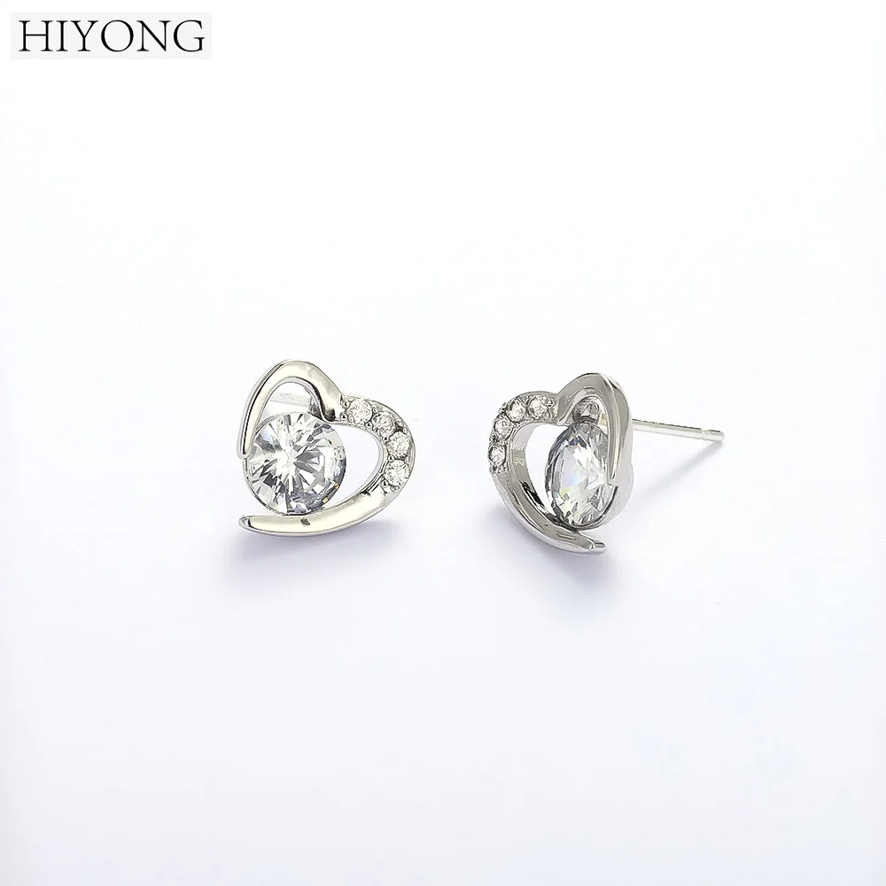 HIYONG Cute Love Heart Stud Earrings With Bright Crystal Korean Earring With Silver Color Cubic Zirconia Crystal Stone For Women |
