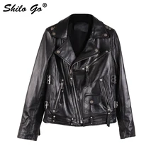 Большие размеры, новая мода, женская Высококачественная куртка из овечьей кожи с лацканами, Металлическая пуговица, ремень, машина, панк, черная куртка из натуральной кожи