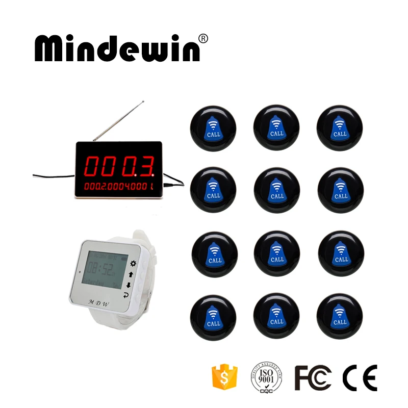 

Mindewin Paging System 12pcs Waiter Calling Bell + 1pc LED Display + 1pc Wrist Watch Restaurant Wireless Calling Pager System