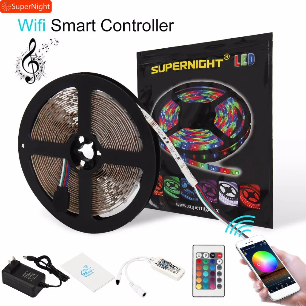 

SuperNight 3528 RGB LED Strip Light Kit 5M 60LEDs/m DC 12V Flexible Lamp Band with Power Adapter Smart IR Remote Wifi Controller