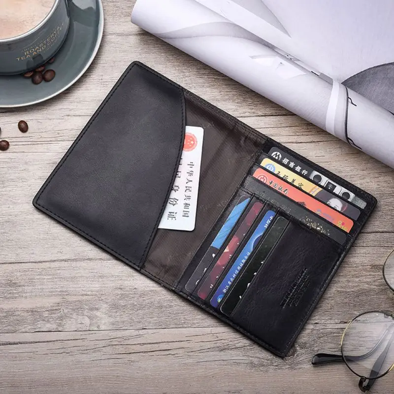 THINKTHENDO Retro Genuine Leather Cowhide Travel Passport ID Card Cover Holder Case Protector Organizer Wallet Black Color
