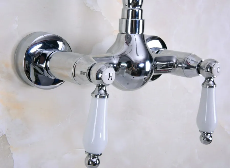 Polished Chrome Brass Wall Mounted Double Ceramic Handles Levers Bathroom Kitchen Sink Faucet Mixer Tap Swivel Spout anf960
