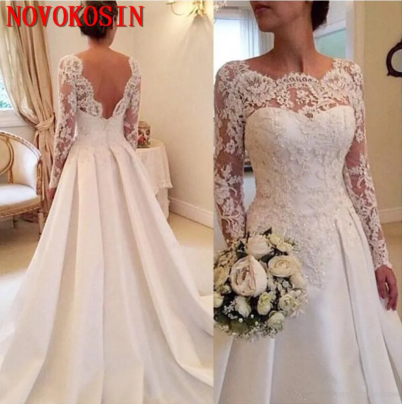 

2019 Elegant Full Sleeves Lace Floor-Length Wedding Dresses Zipper Court Train Beading A-Line Trumpet Vestidos De Novia