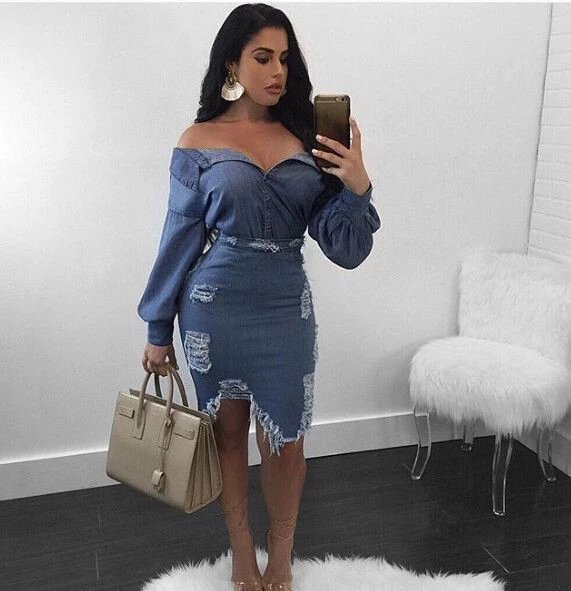 

2018 Sexy Women Turndown Collar Broken Holes Torn Edges Blue Denim Two-piece Skirt Set Slinky Distressed Top Skirt Set