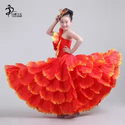 Детский танцевальный костюм для фламенко, платье расширения, синий, красный, розовый, желтый, зеленый, 360 градусов