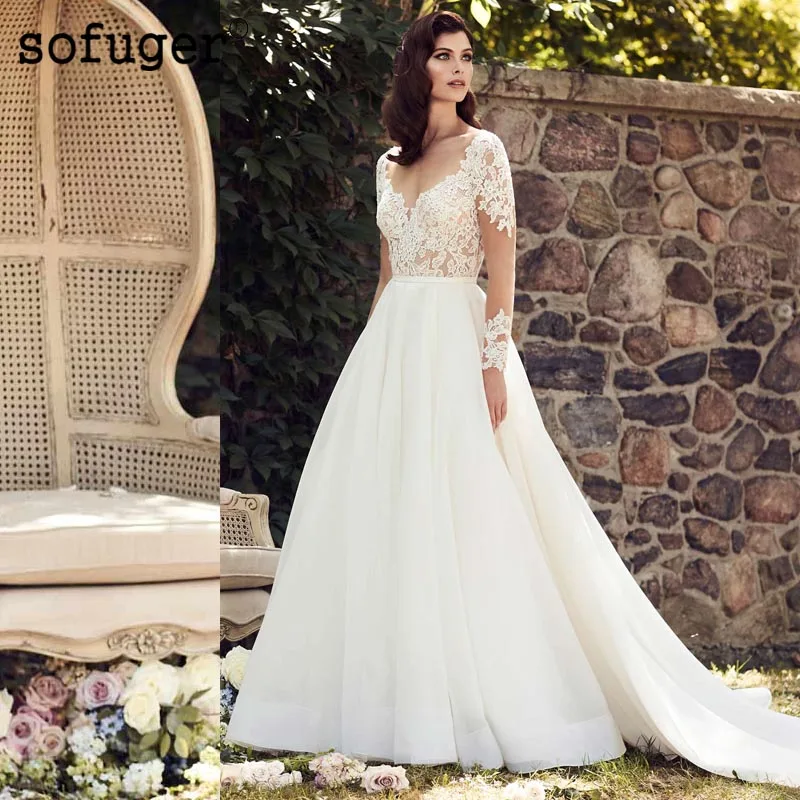 

Sexy Long Sleeves Sweetheart Sashes Organza Backless Weddding Dresses Bridal Gown Vestidos de Noivas Custom