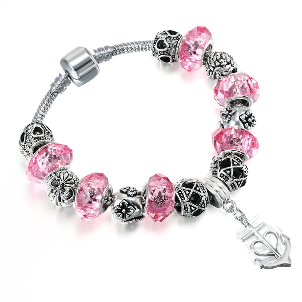 1PCS Silver Heart Bead Charm Bracelets & Bangles Pink Crystal&Glass Beads Bracelets For Women Heart Dangle DIY Jewellery