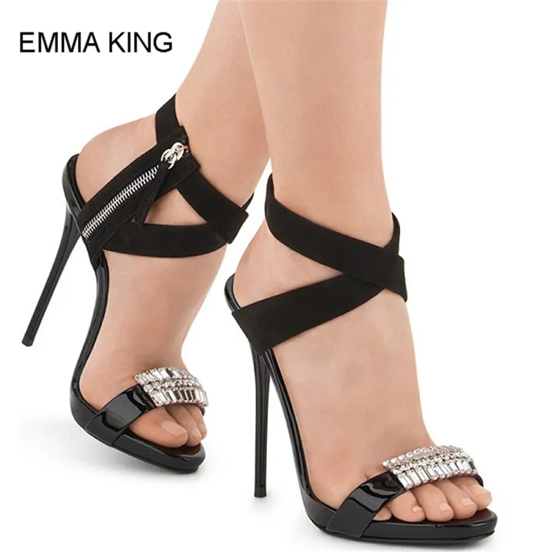 

EMMA KING Crystal Sandals Women Thin High Heels Side Zipper Cross Tied Ankle Strap Modern Mujer Shoes For Party 2018 New Styles