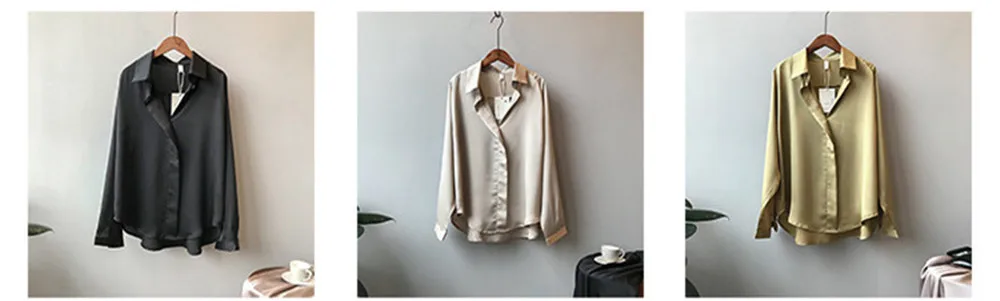 High quality Imitation Silk Blouse 2019 All Match Women Satin Blouses Office Long Sleeves Femme V Neck Loose Street Shirts 0322 (18)