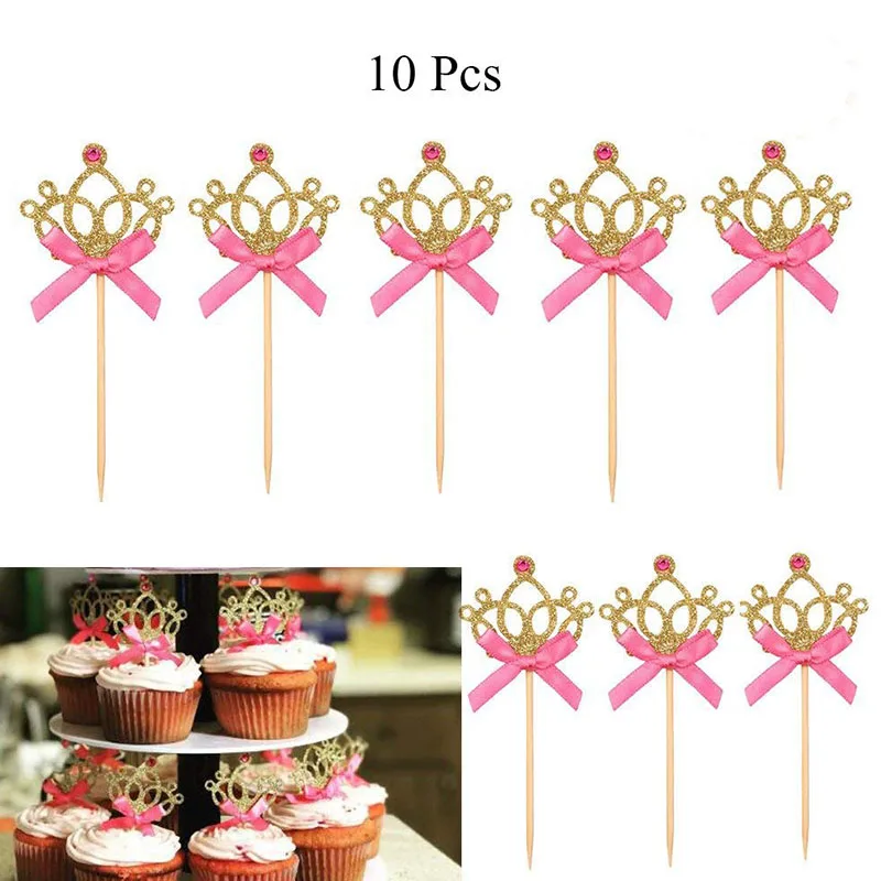 10pcs Gold Crown Cupcake Toppers Wedding Table Decoration Kids Birthday Bachelorette Party Baby Shower Supplies