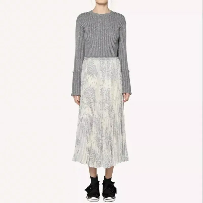 

2019 New Women Star Printed Elastic Waist Pleated Midi Skirt
