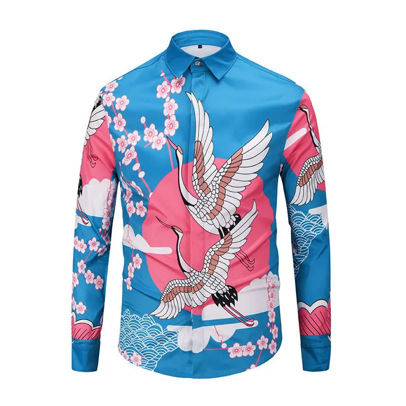 Kopen Mannen Lente Bloemen Crane Mannelijke Casual Shirt Lange Mouw Slim Fit Shirt Fashion Top Tees Camisas Para Hombre Chemise Homme