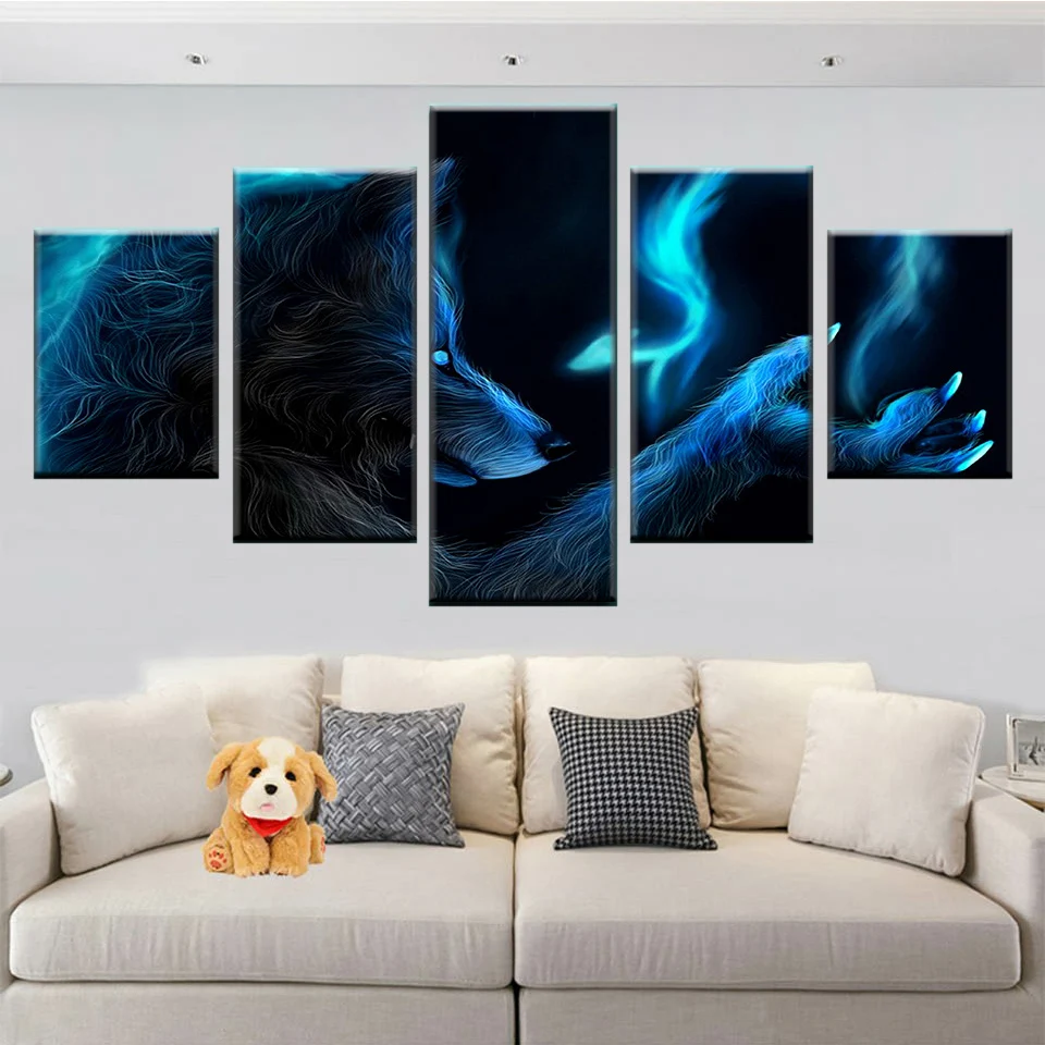 

HD Print 5 Pieces Glowing Wolf Animal Canvas Painting Wall Art Deco Living Room Frame Modular Nordic Poster