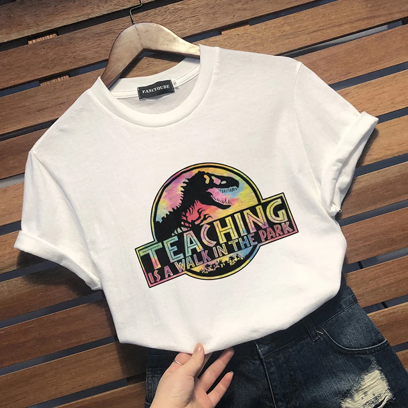 

Women Short Sleeve Dinosaur Print Tshirt Teaching Letter Print T-Shirt Summer Casual Letter Printing T-Shirt For Teacher S-XL