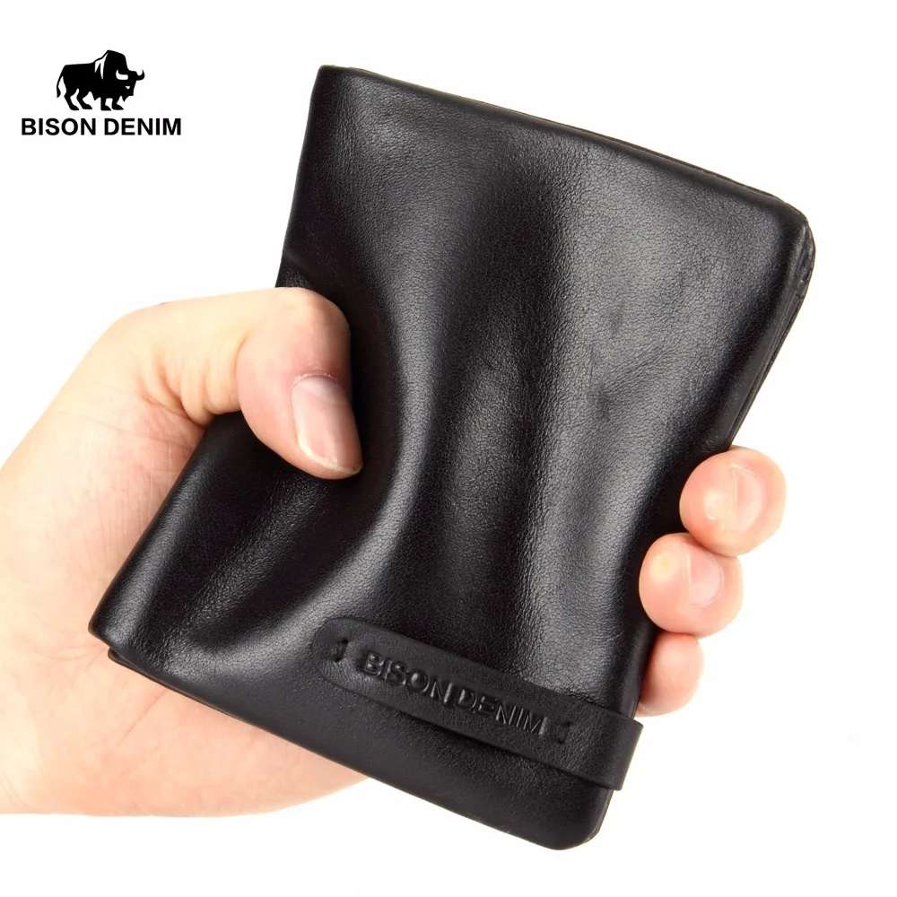 BISON DENIM Luxury Leather Wallet Mens Small Short Wallet Purse Male