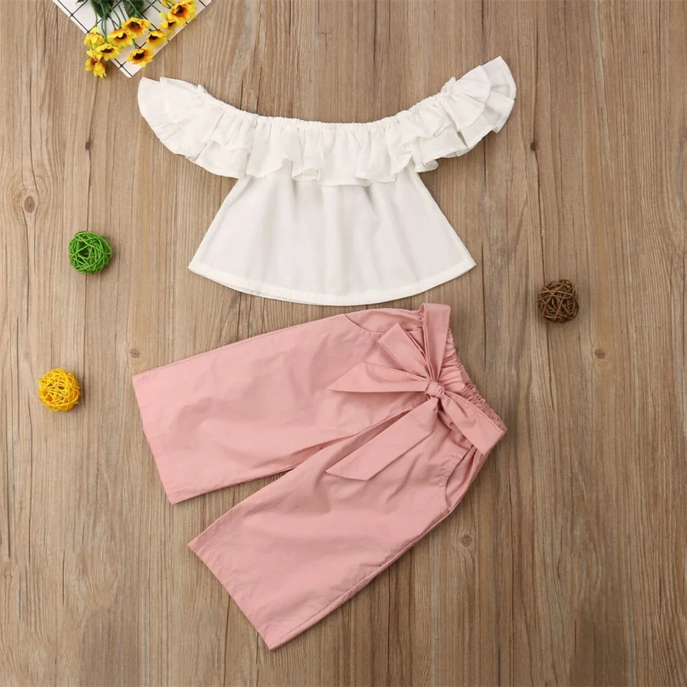 Модный топ с открытыми плечами для маленьких девочек+ широкие брюки Летняя одежда