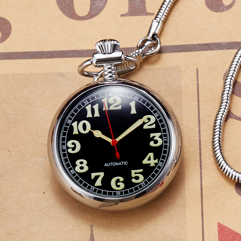 Luxury Copper Silver Mechanical Pocket Watch Hand-wind Clock Fob Chain Watch Men Roman Numbers Clock