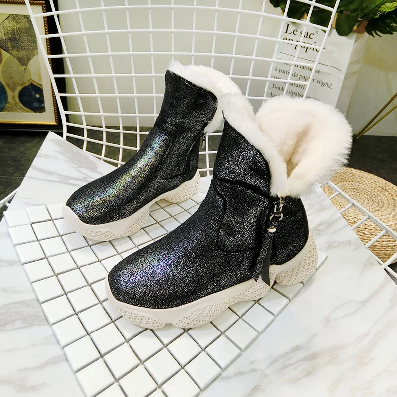 

Snow Boots Female Nature Wool Comfortable Winter Woman Warm Fur Snow Boots Ankle Genuine Leather Bling Snow Boots 40