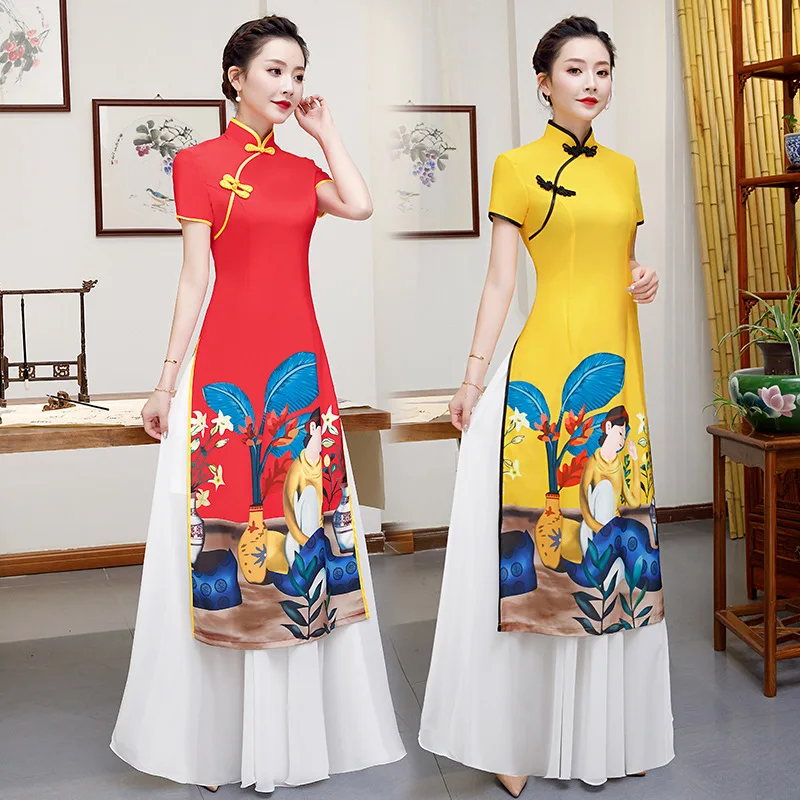 Красный плюс размеры 4XL 5XL Китайская традиционная для женщин Aodai с цветочным принтом Qipao Винтаж Cheongsam Новинка китайское торжественное платье