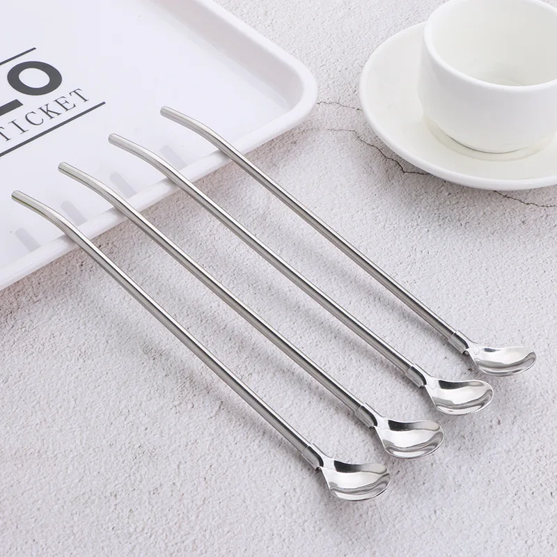 

5pcs Reusable Drinking Straws Spoon Eco-friendly Stainless Steel Straw Cocktail Stirring Spoon Bag Bar Accessories