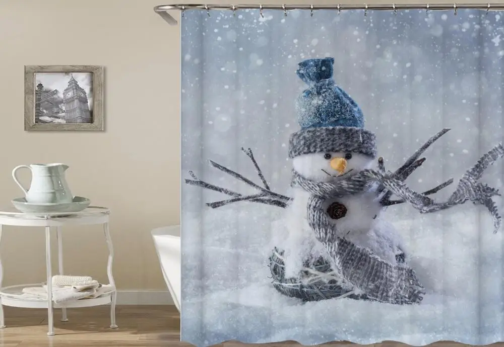 

Snowman Print Waterproof Shower Curtain Polyester Fabric Bath Curtain Home Bathroom Curtains with 12 Hooks Shower Curtains