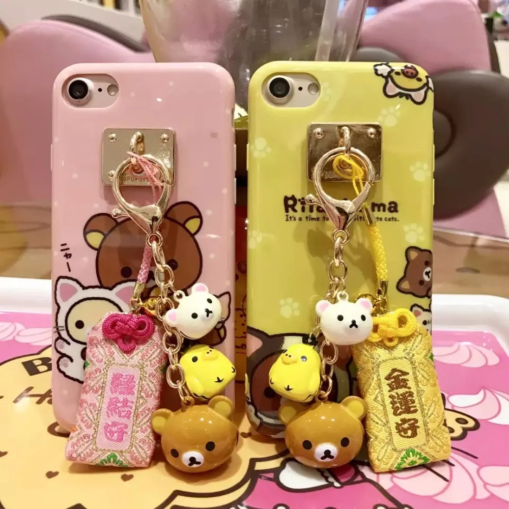 

Rilakkuma Case for iPhone 7 7plus 6 6s 6plus 8 8plus IMD Back Case Funda Cover with Bell Pendant strap Lucky Bag For iphone X XR