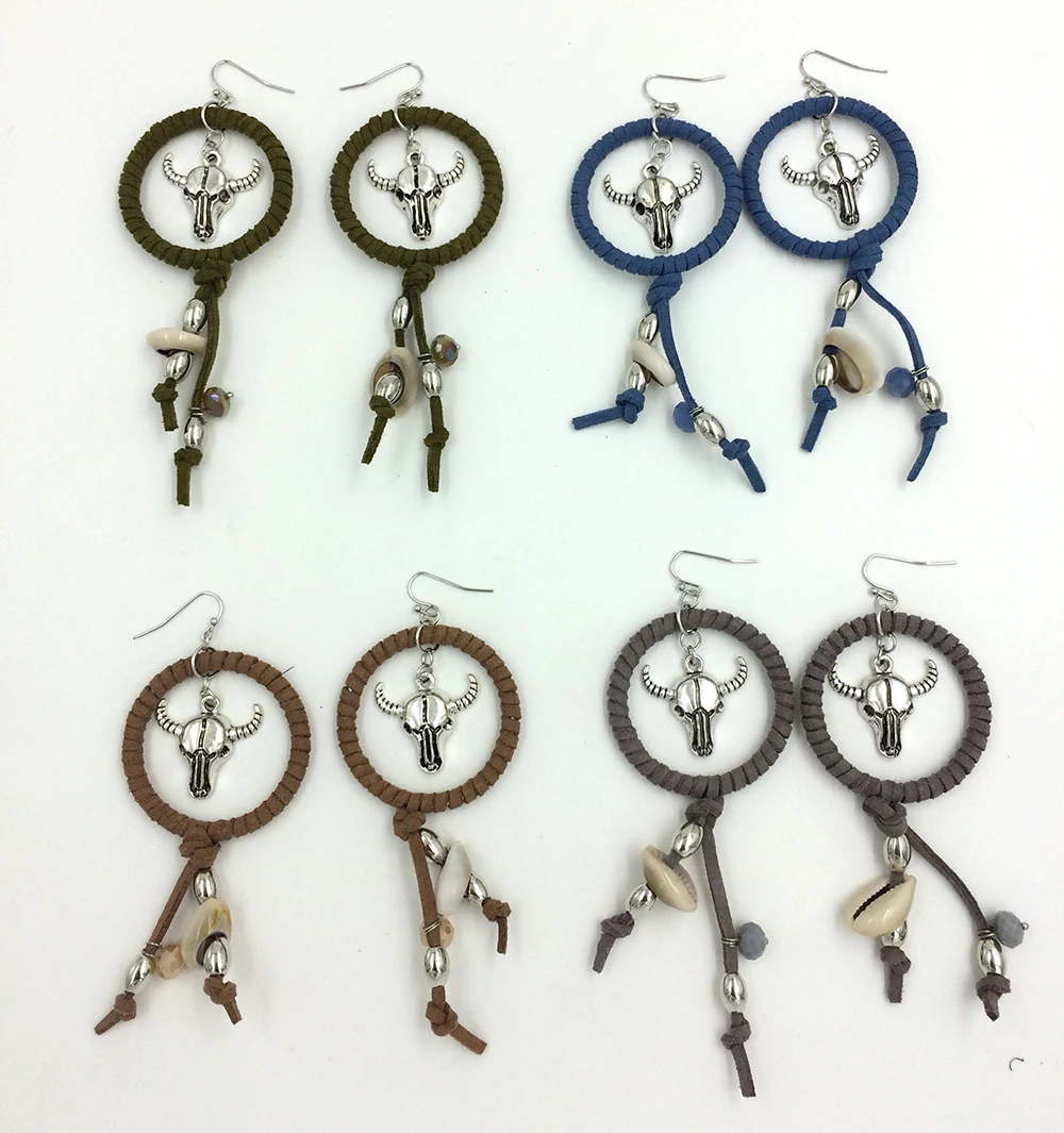 2017 new leather dangle earrings beads tassel Bull skull tauren taurus charms earrings handmade earring