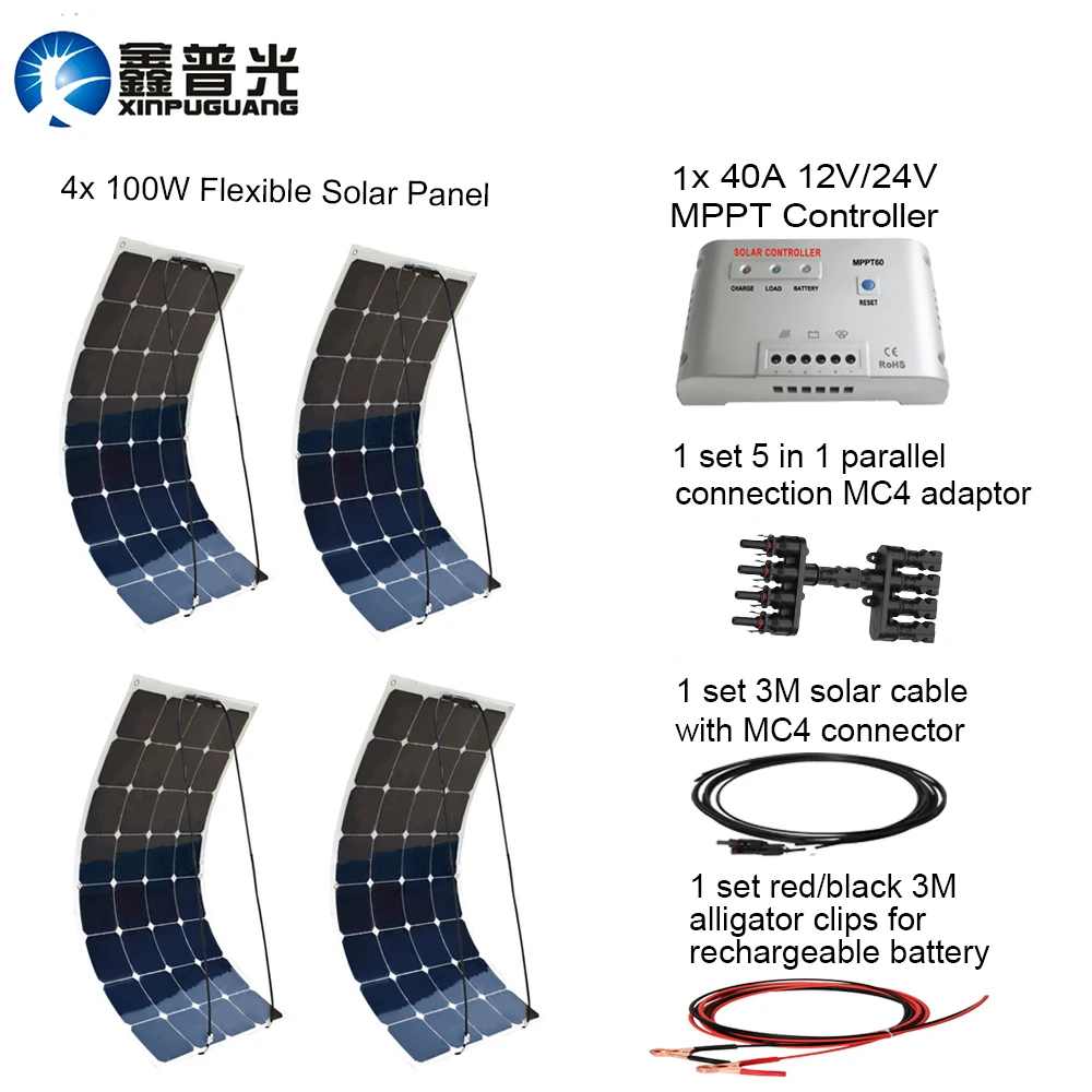 

XINPUGUAN 400w flexible solar panel system kit 40A MPPT controller MC4 adapter connector cable 100w for 12v battery RV yard