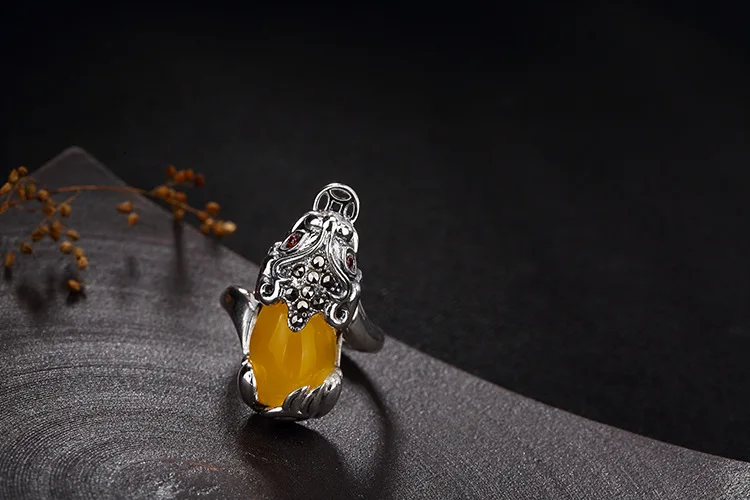 Yellow jade Ручной работы 925 кольцо Pixiu фэншуй кольцо Pixiu удачи Богемия для женщин кольцо - Цвет основного камня: Yellow jade