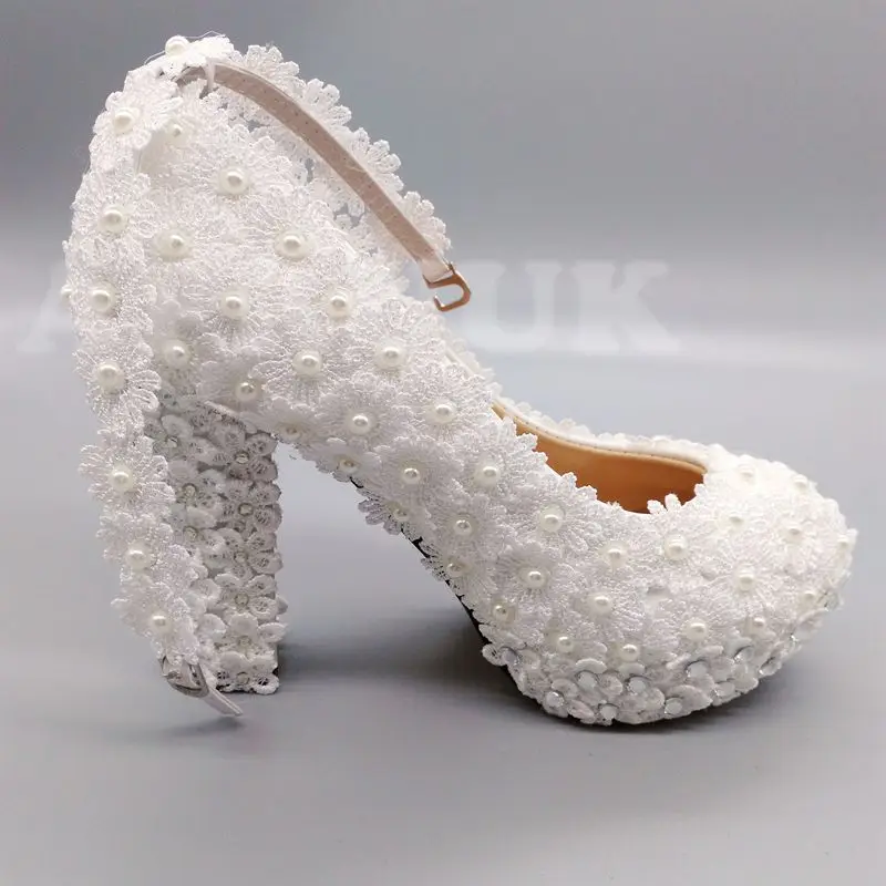 11cm super high block heels ivory lace pearls wedding shoes bride ankle strap handmade chunky heeled brides wedding pumps shoe