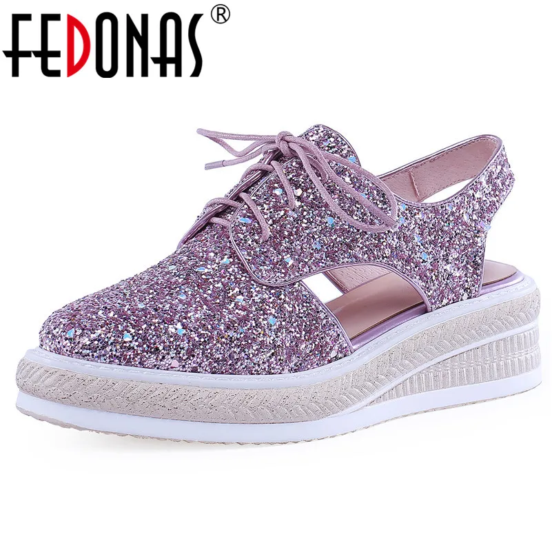 

FEDONAS Fashion Sweet Blingbling Women Sandals 2019 New Lace Up Wedges Shoes Woman Summer Shoes Party Casual Office Shoes