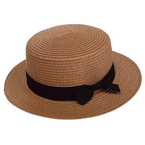 Летняя стильная модная соломенная шляпа для женщин, милый солнцезащитный козырек, Трилби для девочек, одноцветная лента с бантом, пляжные соломенные шляпы от солнца, дорожная шляпа YY0170 - Цвет: Coffee Straw sunhats