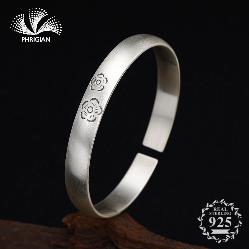 

NOT FAKE S990 Fine Jewelry 925 Sterling Silver Bangle S925 solid Ethnic cute flower Handmade Natural flea market Luxury retro