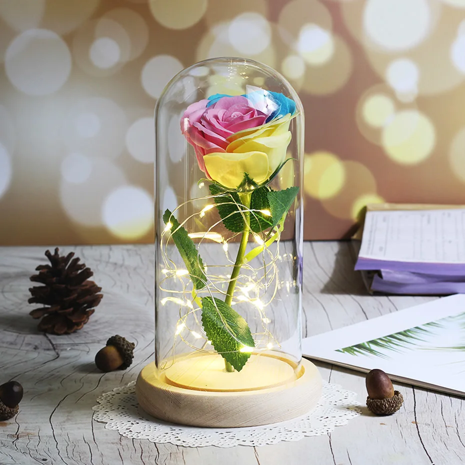 Neue schenheit Und Biest Rose In Glaskolben Rose Blume Licht деревянная основа Glas Dome Für Mutter Der Tag Valentines Weihnachten