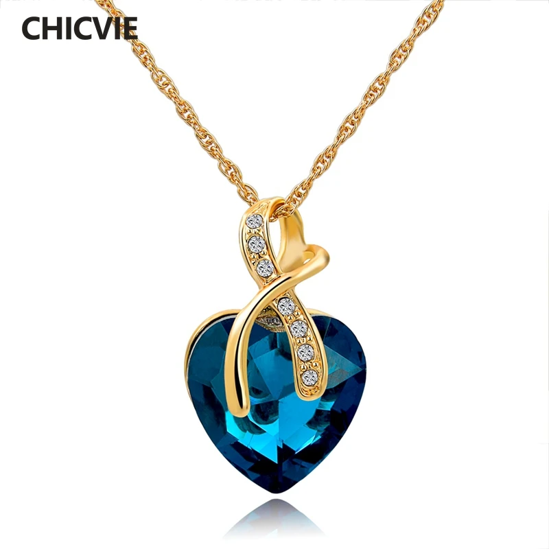 

Steam Punk Austrian Crystal Heart Nenecklaces & Pendants For Women Gold Statement Necklace Maxi Ethnic Blue Sapphire-Jewelry