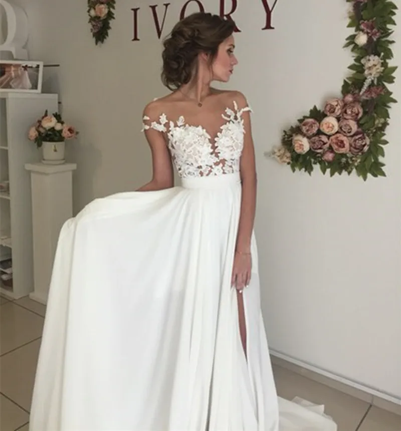 Vintage Chiffon Beach Wedding Dress Summer White Cap Sleeves V