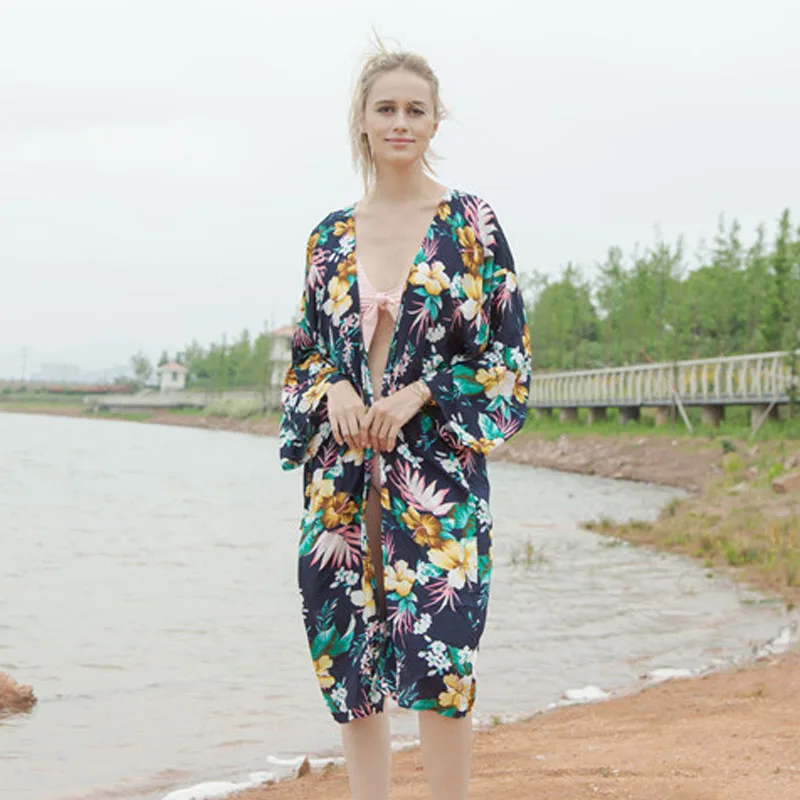 

2019 Summer New Woman Cardigan Fashion Chiffon Beach Print Kimono Cardigan Lady Shirts Beach Sunscreen Smock Kimono