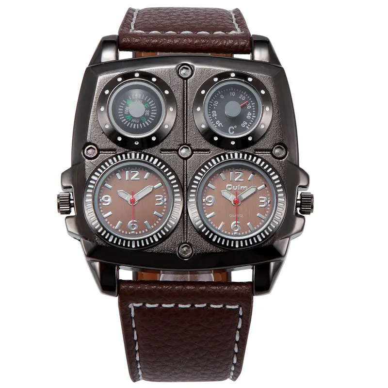 

Men's Watches Cool Sports Casual Quartz Wristwatch Leather Strap Oversize Military Compass Dial 2 Time Zone DZ Watch Men