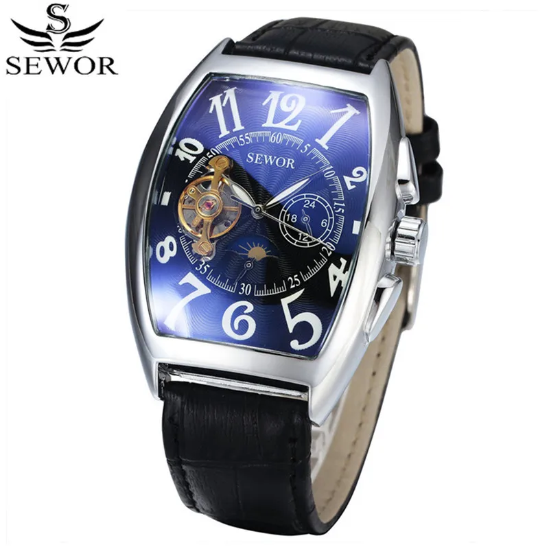 Мужские часы Sewor автоматические механические Tourbillon из натуральной кожи