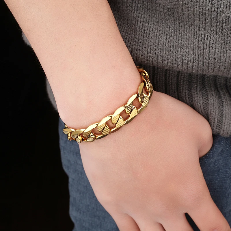 

Men's Cuban Link Chain Bracelet 2018 Male Braslet & Braclet Mens Gold Color Stainless Steel Bracelets For Men Hiphop Jewelry