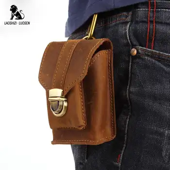 

LAOSHIZI LUOSEN Crazy Horse Leather Mens Belt Bag Mini Waist Bag Pouch Money Belt Hook Loop Bags Cigarette Key Case Fanny Pack
