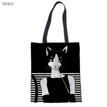 

THIKIN Hepburn Cat Printing Women's Handbags Fashion Shoulder Tote Handbag Large Capacity ladies bags Canvas Shopping Bag Custom