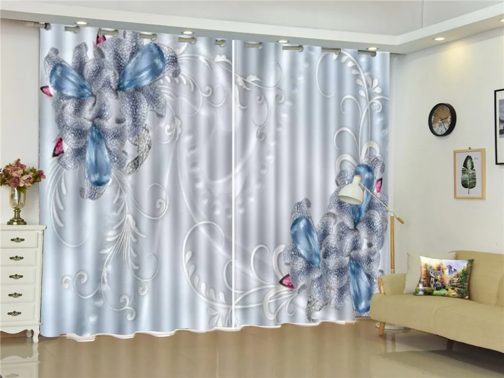 

Diamond-Studded Diagonal Blue Flowers 3D Curtain Custom Size Pattern Exquisite Practical Curtain