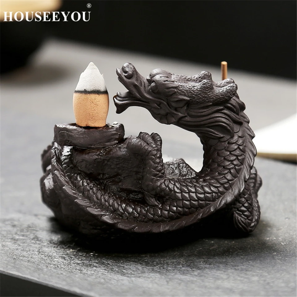 HOUSEEYOU держатель для благовоний с обратным потоком, керамический дракон, печь-курильница, палочка, подставка+ 10 конусов для благовоний, домашний декор