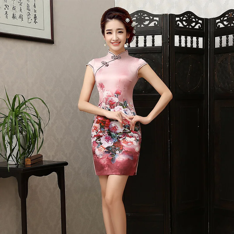 Новые короткие летние женские Сексуальные Cheongsam женские вечерние платья Косплей короткий атласный Qipao старинный китайский традиционный платье 18 - Цвет: picture color