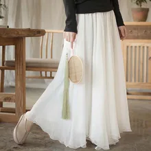 Женские гофрированные длинные юбки шифон 2 слоя макси юбка Китай ретро свободная Высокая талия летняя юбка сплошной цвет