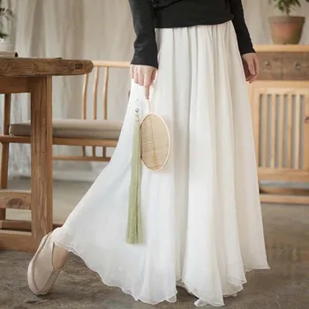 

Women Pleated Long Skirts Chiffon 2 Layers Maxi Skirt China Retro Loose Hight Waist Summer Skirt Solid Color